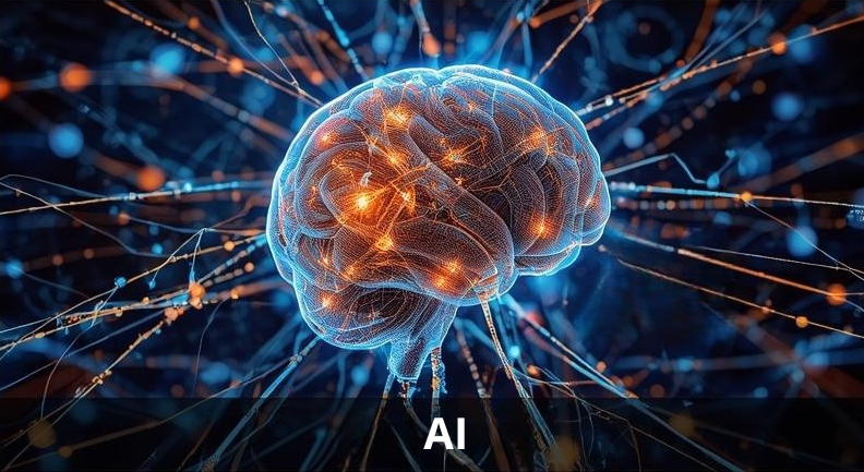 A digital illustration of a human brain made of glowing lines and nodes, surrounded by a network of light connections, representing artificial intelligence.