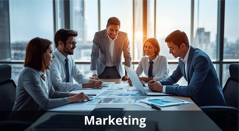 A group of five professionals collaborating on marketing strategies in a modern office setting with large windows and a city view.