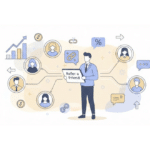 postać stojąca na pierwszym planie trzyma tablet lub ekran z ikoną „poleć znajomemu”