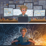 CHAOS-VS- AUTOMATION – ZacznijOdZera.pl - PRZED: OSOBA PRZY KOMPUTERZE, ZESTRESOWANA, DUŻO OKIENEK (RESEARCH, WRITING, CANVA, WORDPRESS) - PO: TA SAMA OSOBA RELAKSUJĄCA SIĘ, W TLE DZIAŁA AUTOMATYZACJA