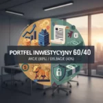 Portfel inwestycyjny 60/40 – Akcje i Obligacje – ZacznijOdZera.pl Infografika kołowa przedstawiająca portfel inwestycyjny 60/40 z podziałem na akcje (symbol byka i wykresów) oraz obligacje (symbol tarczy i gotówki) na tle nowoczesnego biura.