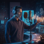 ai-audio-klonowanie-podcast – ZacznijOdZera.pl Mężczyzna w słuchawkach przed profesjonalnym mikrofonem studyjnym z nałożoną cyfrową siatką na twarzy i wizualizacją fal dźwiękowych, symbolizujący klonowanie głosu przez AI.