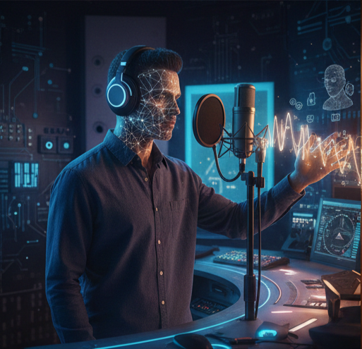 Mężczyzna w słuchawkach przed profesjonalnym mikrofonem studyjnym z nałożoną cyfrową siatką na twarzy i wizualizacją fal dźwiękowych, symbolizujący klonowanie głosu przez AI.