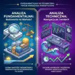 analiza-fundamentalna-techniczna – ZacznijOdZera.pl Infografika porównująca analizę fundamentalną i techniczną. Lewa strona (niebieska) przedstawia analizę fundamentalną za pomocą lupy, bilansów i fundamentów budynków. Prawa strona (fioletowa) przedstawia analizę techniczną z wykresami świecowymi, wskaźnikami RSI i surferem płynącym na fali trendu.