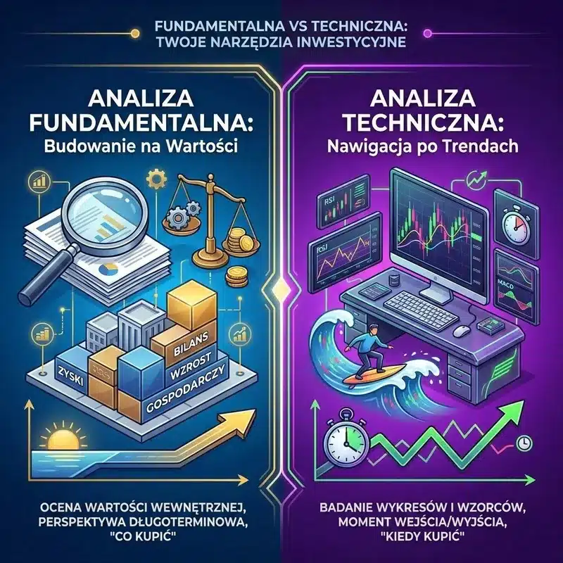 Infografika porównująca analizę fundamentalną i techniczną. Lewa strona (niebieska) przedstawia analizę fundamentalną za pomocą lupy, bilansów i fundamentów budynków. Prawa strona (fioletowa) przedstawia analizę techniczną z wykresami świecowymi, wskaźnikami RSI i surferem płynącym na fali trendu.