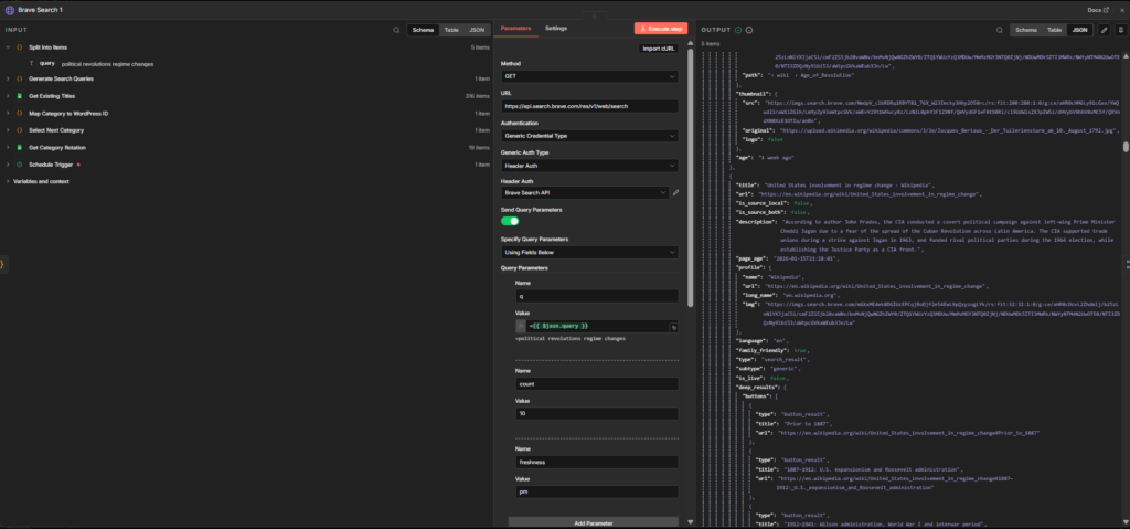 Screenshot z konfiguracji noda Brave Search