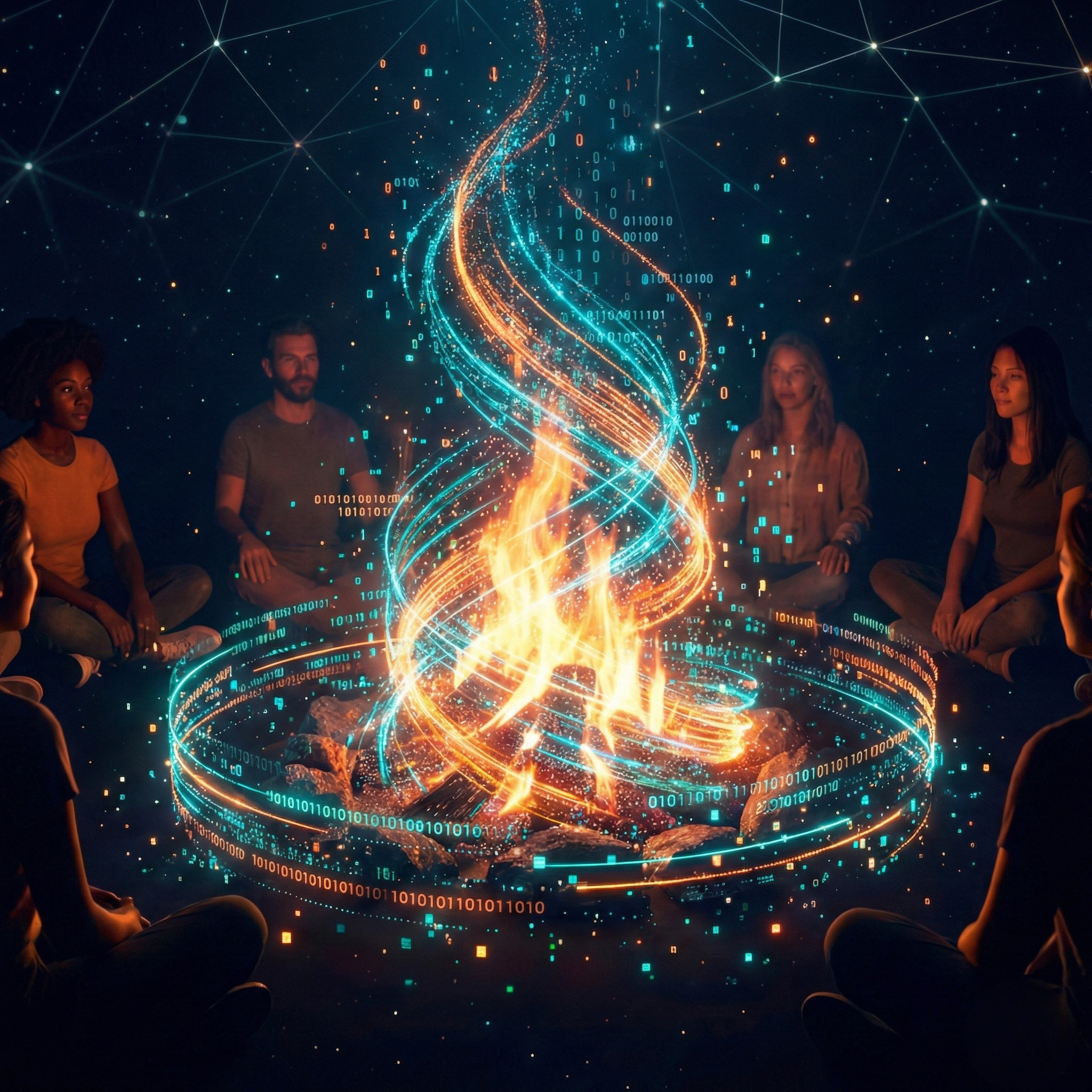 Zróżnicowana grupa ludzi siedzi w kręgu wokół cyfrowego ogniska utworzonego ze strumieni danych, kodu binarnego i światła, na tle nocnego nieba z siecią połączeń.