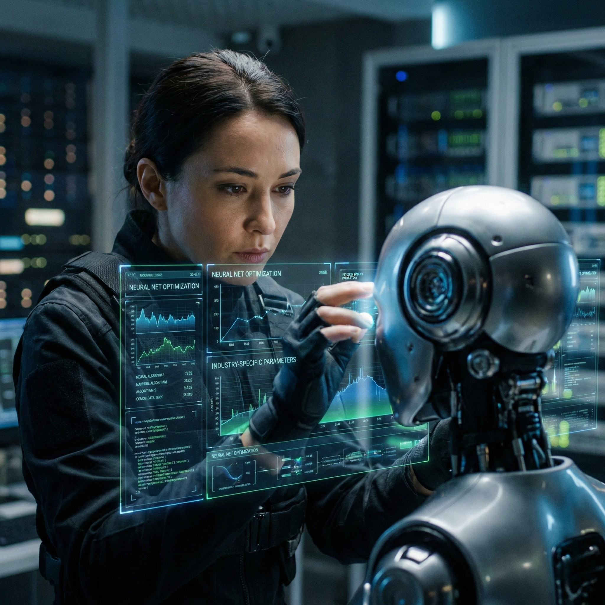 Specjalistka AI w laboratorium serwerowym konfiguruje parametry sieci neuronowej na holograficznym interfejsie obok głowy humanoidalnego robota.