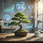 Kaizen w erze AI – Połączenie tradycji ciągłego doskonalenia z nowoczesną technologią i inwestowaniem – ZacznijOdZera.pl Futurystyczne drzewko bonsai pielęgnowane przez ramię robota AI na tle holograficznych wykresów giełdowych i marketingowych, symbolizujące filozofię Kaizen w nowoczesnym biznesie.