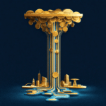 lejek sprzedażowy przez który przepływa strumieniem złotych monet spływającym z góry, zwężającym się ku dołowi i rozchodzącym się w dół, w kierunku różnych lokalnych symboli firm