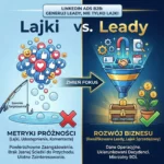 LinkedIn Ads B2B - Generowanie leadów zamiast lajków - Infografika – ZacznijOdZera.pl Grafika porównawcza LinkedIn Ads: Lajki vs Leady. Lewa strona ukazuje 'metryki próżności' (lajki, reakcje) jako powierzchowne łowienie, prawa strona przedstawia 'rozwój biznesu' poprzez lejek sprzedażowy zamieniający leady w przychód i ROI.