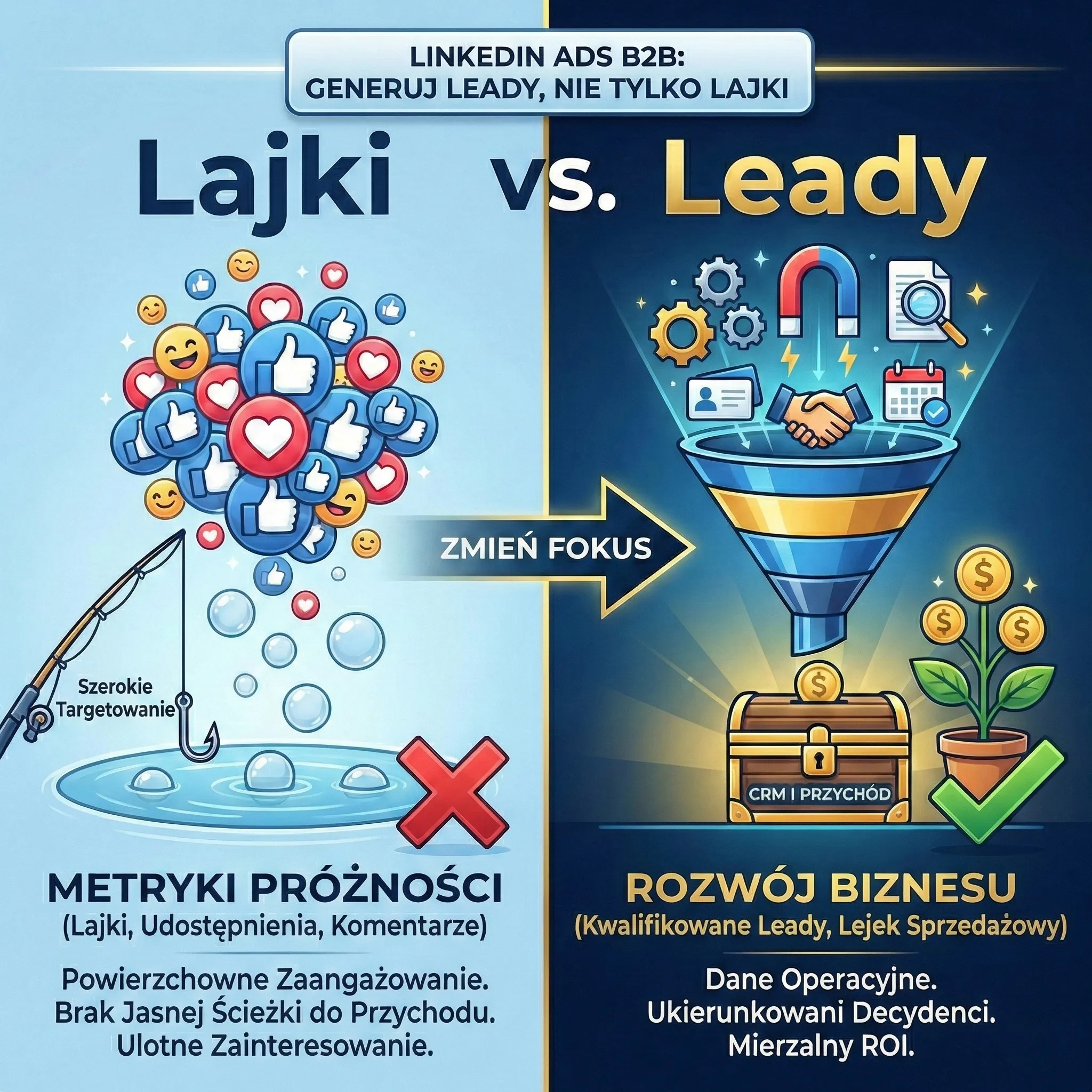 Grafika porównawcza LinkedIn Ads: Lajki vs Leady. Lewa strona ukazuje 'metryki próżności' (lajki, reakcje) jako powierzchowne łowienie, prawa strona przedstawia 'rozwój biznesu' poprzez lejek sprzedażowy zamieniający leady w przychód i ROI.