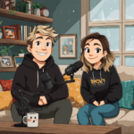 podcast – ZacznijOdZera.pl Mężczyzna w czarnej bluzie z kapturem i blond włosami oraz kobieta z brązowymi włosami w bluzie, nagrywający podcast w przytulnym salonie, świetnie się bawiąc