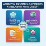Porównanie alternatyw ChatGPT: Perplexity, Claude i Gemini - Zestawienie Funkcji – ZacznijOdZera.pl Infografika porównująca cztery modele AI: ChatGPT (Ustalony Standard), Perplexity (Wyszukiwanie i Cytowanie), Claude (Analiza i Kontekst) oraz Gemini (Multimodalny i Kreatywny). Grafika podzielona na cztery kolorowe sekcje z ikonami, z centralnym hasłem 'Porównaj Funkcje i Wybierz'