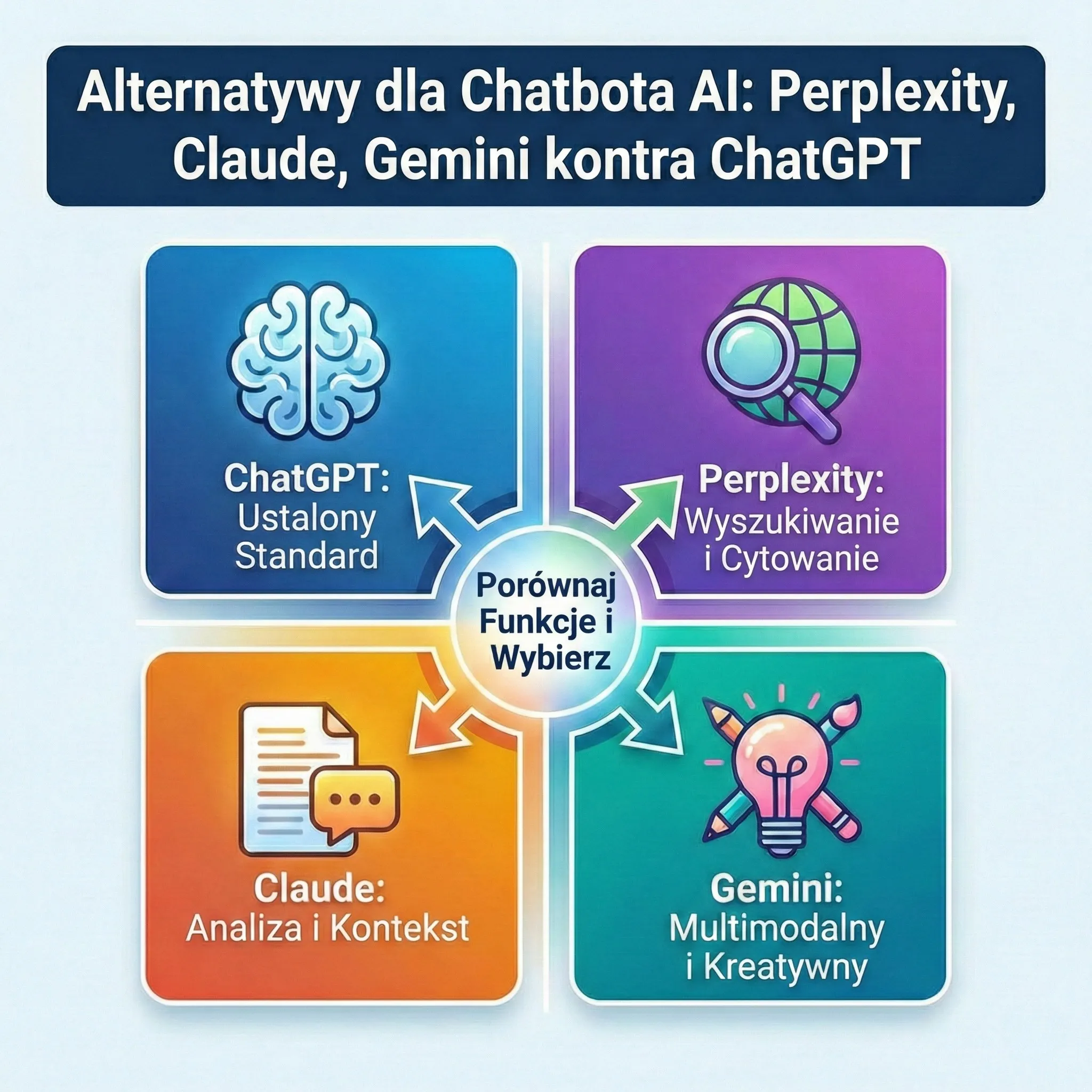 Infografika porównująca cztery modele AI: ChatGPT (Ustalony Standard), Perplexity (Wyszukiwanie i Cytowanie), Claude (Analiza i Kontekst) oraz Gemini (Multimodalny i Kreatywny). Grafika podzielona na cztery kolorowe sekcje z ikonami, z centralnym hasłem 'Porównaj Funkcje i Wybierz'