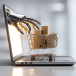 Ręka robota wychodząca z ekranu laptopa i łapiąca wózek sklepowy