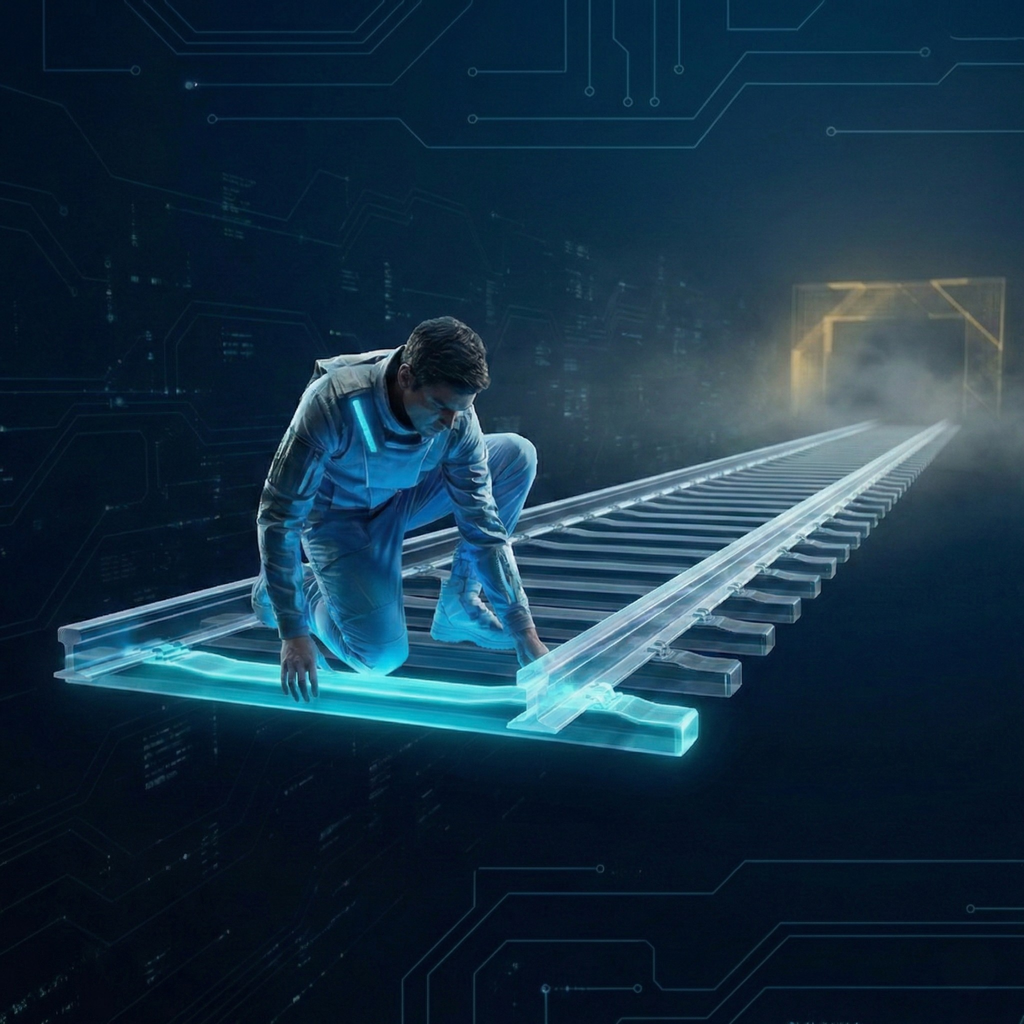 Futurystyczna ilustracja przedstawiająca mężczyznę układającego świecący tor kolejowy w cyfrowej przestrzeni. Postać skupia wzrok na pracy u podstaw, ignorując odległy, zamglony cel na horyzoncie – wizualna metafora przewagi codziennego systemu nad odległymi celami.