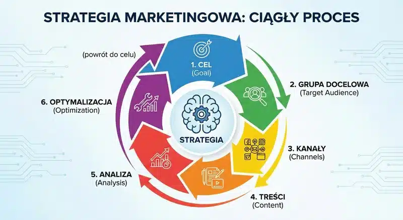 cykl-strategii-marketingowej – ZacznijOdZera.pl Infografika przedstawiająca ciągły proces cyklu strategii marketingowej