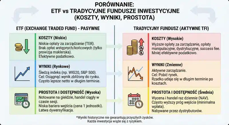 Infografika przedstawiająca porównanie ETF vs tradycyjne fundusze inwestycyjne