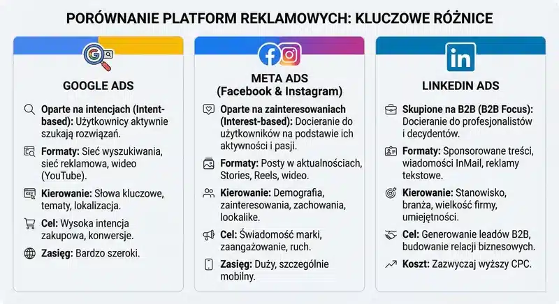 porownanie-trzech-platform – ZacznijOdZera.pl Infografika przedstawiająca porównianie 3 najpopularniejszych platform reklamowych tj. Google Ads, Meta Ads i Linkedin Ads