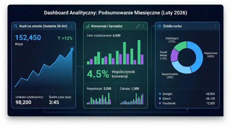 przykladowe-metryki-dashboard – ZacznijOdZera.pl Infografika przedstawiająca przykładowy dashboard z matrykami marketingowymi