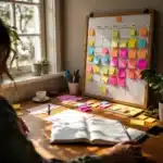 A wooden desk by a window with a calendar board covered in colorful sticky notes and an open planner surrounded by pens and papers.