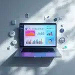 Laptop showing colorful data dashboards on screen, surrounded by floating icons and clock shapes in a bright, minimal setup.